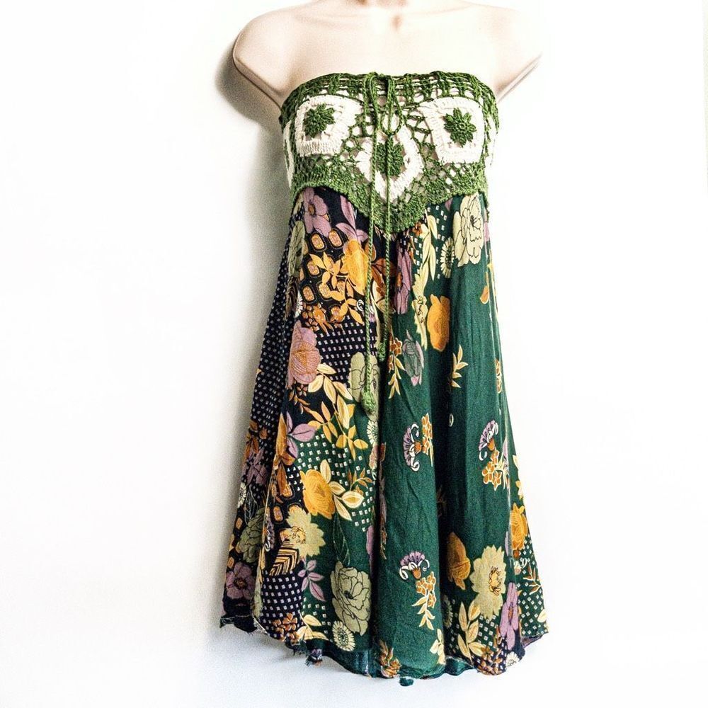 Thai Green Floral Crocheted Bodice Midi Summer Dress Sz S/M - Picture 2 of 11